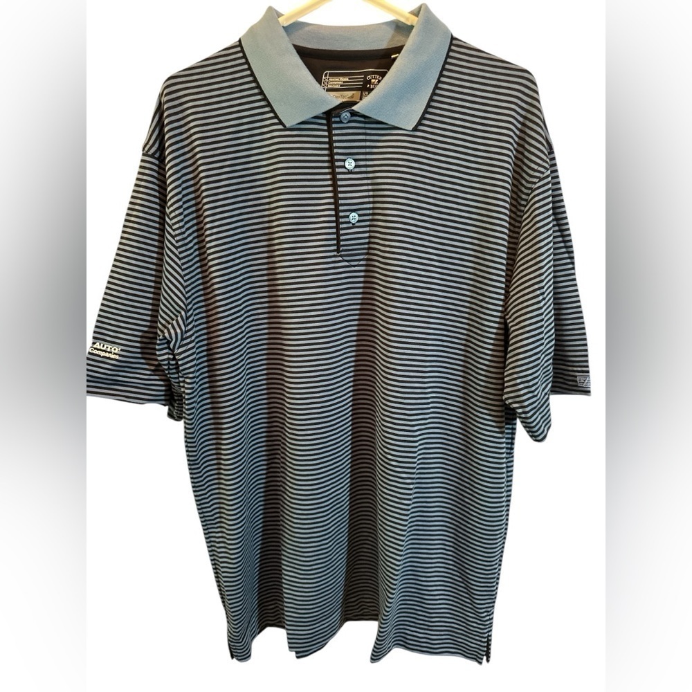 CUTTER & BUCK Mens Golf Polo Shirt Blue Striped Lg ✅ State Auto Insurance Sleeve